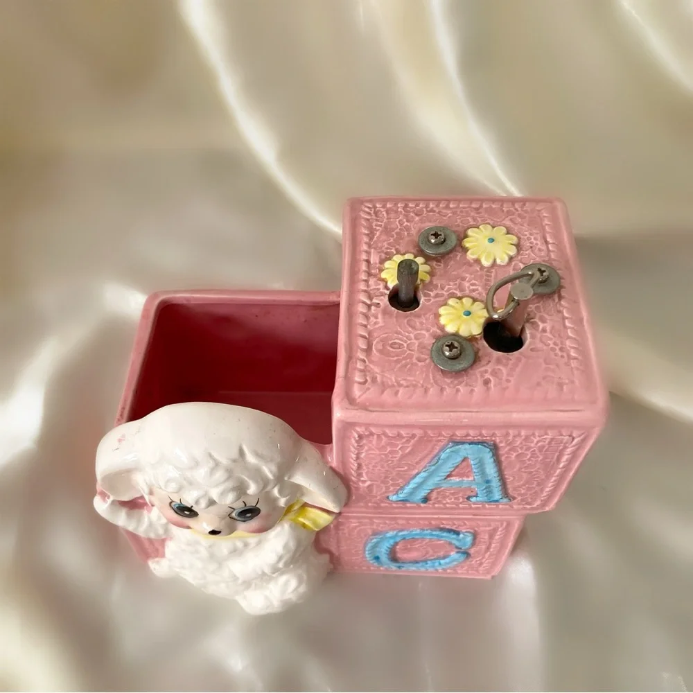 Vintage 60s lamb ceramic planter holder music box windup lullaby nursery home